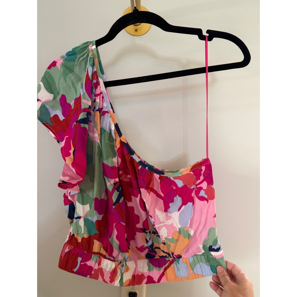 BB Dakota Steve Madden Womens One Shoulder Floral Crop Top Multi Pink Green M - Picture 5 of 7